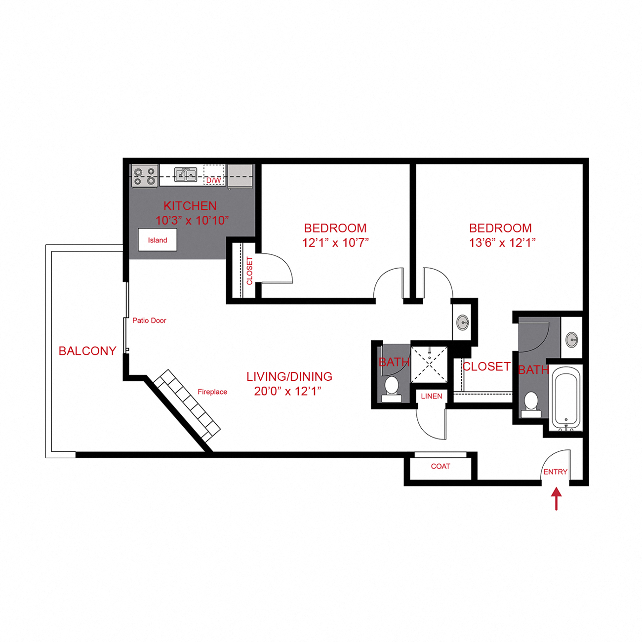 Floor plan for 2 beds, 2 baths, 900 sqft